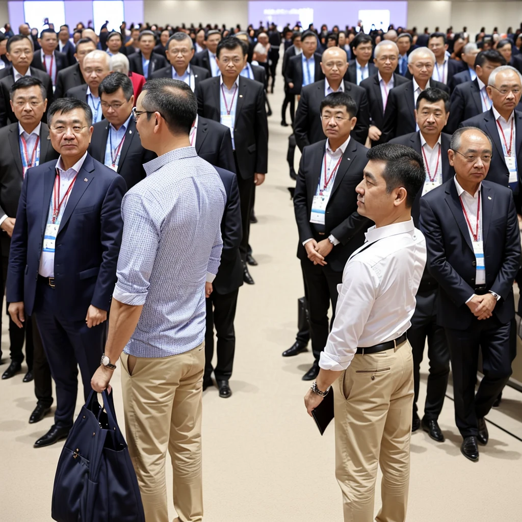 Back photo, There is only one middle-aged man in the photo with his back to the camera,He wears fashionable and young clothes,at the International Exhibition Conference Hall, speak confidently,There are many audience members in the audience