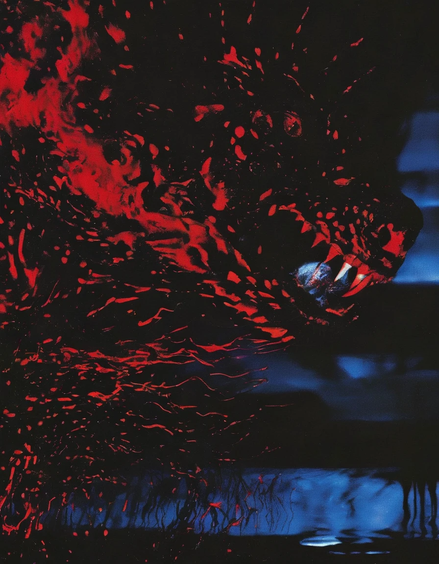 film photography, vintage, close up photo of red blood in black water, blue dark forest night background