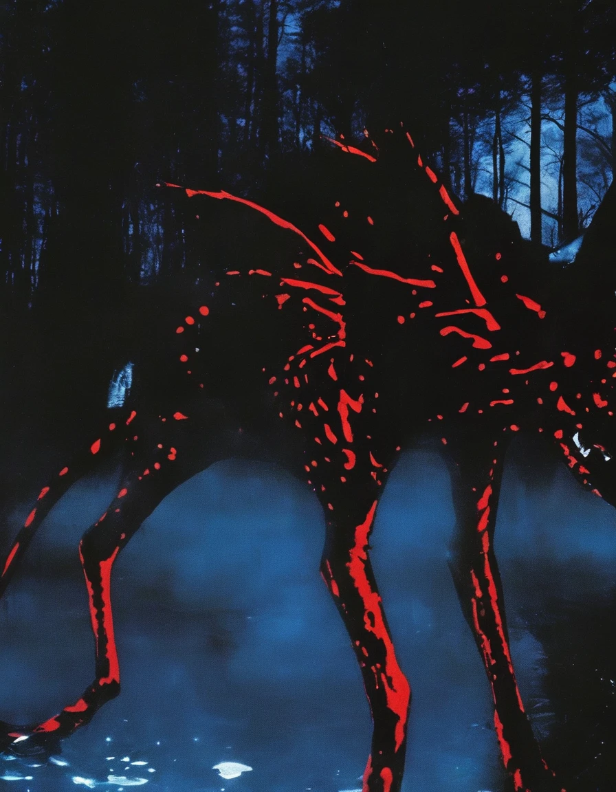 film photography, vintage, close up photo of red blood in black water, blue dark forest night background