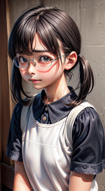High resolution, Highest quality, super high quality, Very detailed, 8K、underwear、、Embarrassing、Sweaty、Sweat、Embarrassing、(masterpiece:1.2, Highest quality), (Realistic, photoRealistic:1.4), Beautiful illustrations, (Natural Side Lighting, Cinema Lighting), View your viewers, whole body, 1 Girl, Japanese, high school girl, Perfect Face, Cute and symmetrical face, Shiny skin, Baby Face, (short hair, Low twin tails,Black Hair), Hair between the eyes, black eye, Big eyes, Droopy eyes, (Center of chest, Captivating thighs, Big Ass)、(Glasses:1.2)