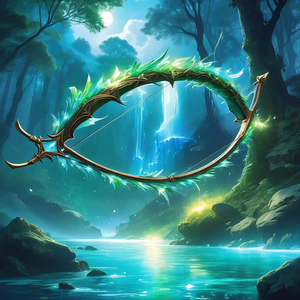 Imagine a fantasy medieval bow resting on a rock by the edge of an enchanted river, its presence radiating an aura of ancient magic. The bow is crafted from a rare, luminous wood that glows softly in the moonlight, with intricate carvings of mythical creatures and runes along its length. The string, seemingly spun from threads of pure silver, glimmers with an ethereal light. Nearby, arrows with feathered fletchings and tips made of crystalline material lie in a quiver. The enchanted river flows gently, its waters shimmering with hues of emerald and sapphire, reflecting the surrounding mystical forest and the bow's magical glow. Capture the serene yet powerful essence of this scene, where the enchanted bow awaits the hand of a skilled archer in a landscape brimming with magic and wonder."