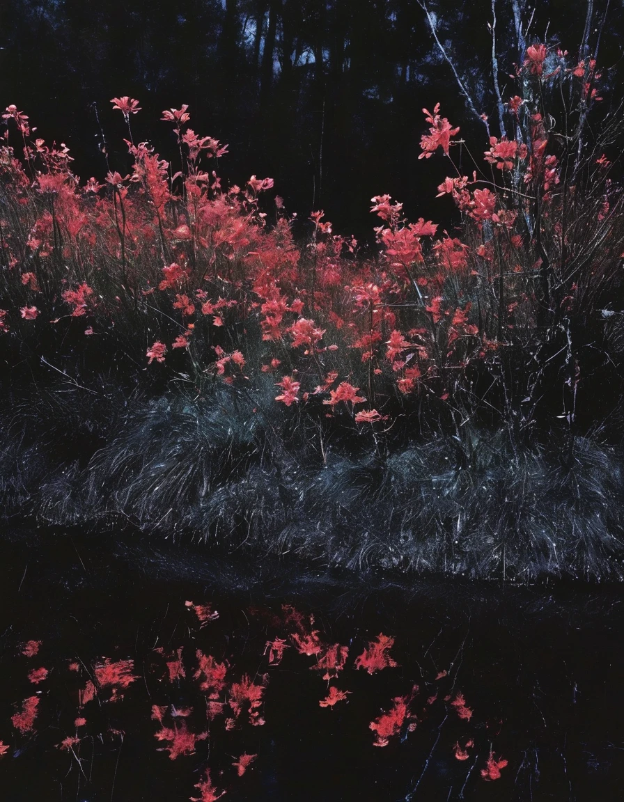 film photography, vintage, close up photo of red flowers in black water, blue dark forest night background