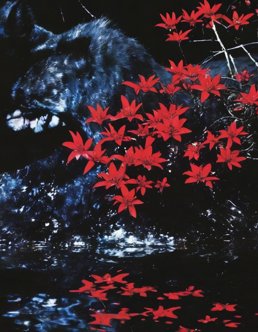 film photography, vintage, close up photo of red flowers in black water, blue dark forest night background