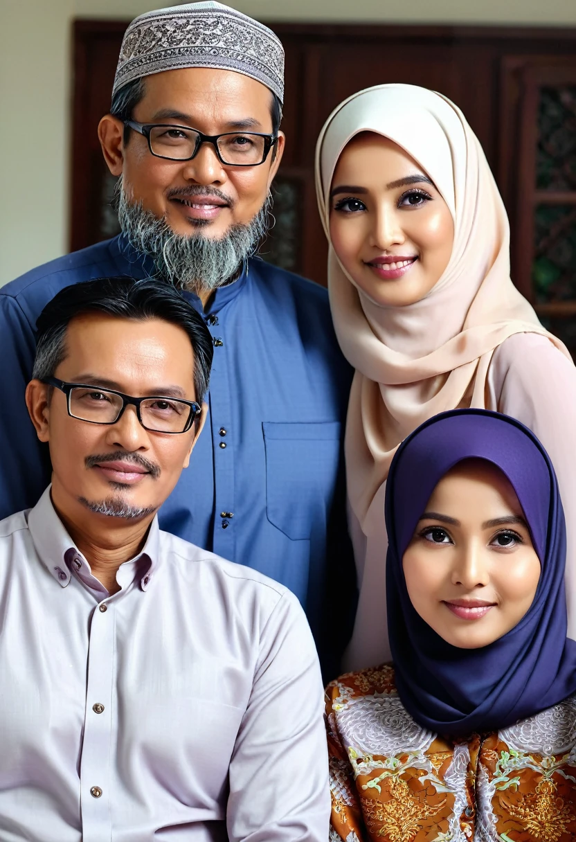 family photo of 3 zoom out, 53 year old father, 49 year old mother wearing hijab, 26 year old daughter with loose hair, room background, Indonesian family photo