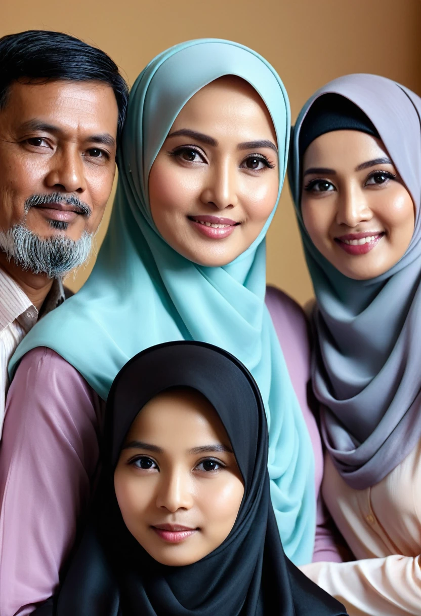 family photo of 3 zoom out, 53 year old father, 49 year old mother wearing hijab, 26 year old daughter with loose hair, room background, Indonesian family photo