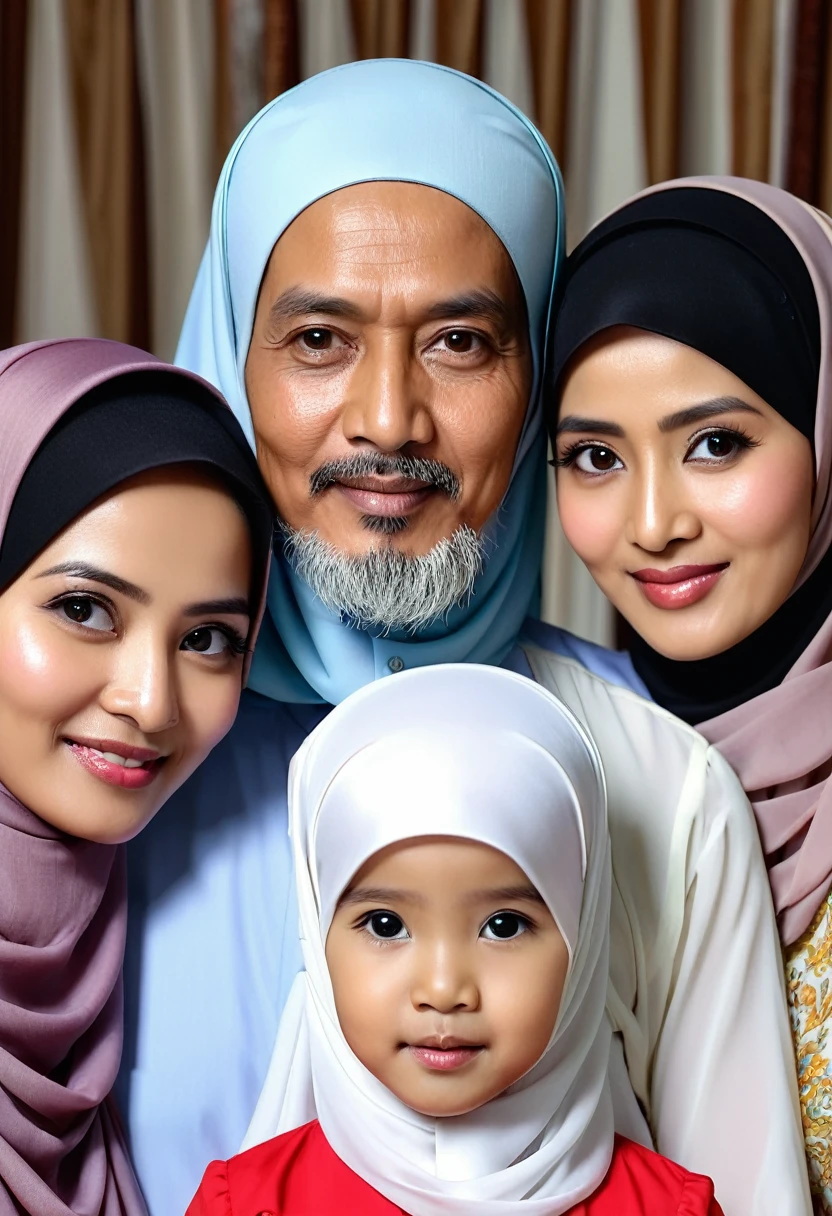 family photo of 3 zoom out, 53 year old father, 49 year old mother wearing hijab, 26 year old daughter with loose hair, room background, Indonesian family photo