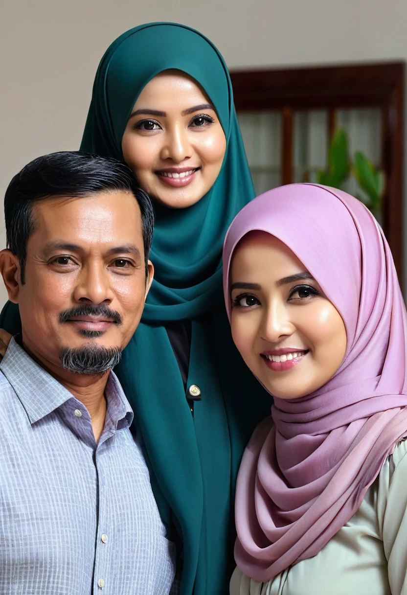 family photo of 3 zoom out, 53 year old father, 49 year old mother wearing hijab, 26 year old daughter with loose hair, room background, Indonesian family photo