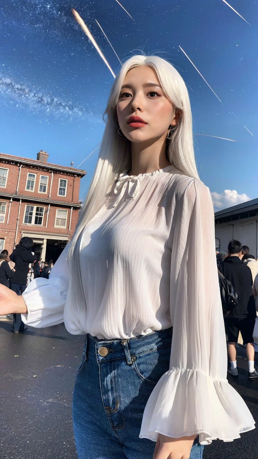 (8K, Highest quality, masterpiece:1.2)Highest quality, 1 Girl, (Skin dents), (Huge breasts), (Day),  bright, Blur the background, Open, (street:0.6), (people々, crowd:1), (blouse:1.5), wonderful, (white hair:1.5), (floating hair:1.5), (Dynamic pose:0.8), ayanami_king,Soft lighting, Wind,  deer,In detail, Official Art, Disorganized, incredibly Disorganized,Large file size,  cloud, rain,null,Wind景, cloudy,plane,bag,Giant Sword,Highly detailed eyes and face, Beautiful attention to detail,Overalls, star_\(null\), length_hair, starry_null, Bodysuits, ((Ultra-Realistic Details)), Portraiture,(starry null:1.5),(shooting stars:1.5),(Milky Way:1.543), Global Illumination, Shadow, Octane Rendering, 8K,Solar flare, soft Shadow, bright色, Landscape effect, Dreamy atmosphere BREAK Picturesque lake, Distant Mountain々, willow, Calm water, reflection, sunlit clouds, Peaceful atmosphere, 美しい夕Day, Ultra Sharp,Metal,difficult, Decorations detailed, Cool colors, More about Egypt, highly difficult details, Realistic Light, Trending CGSociety, Shining Eyes,городской Wind景,Jacket,cloudy_null, road, plane, Ruin, lamp post, School_uniform,