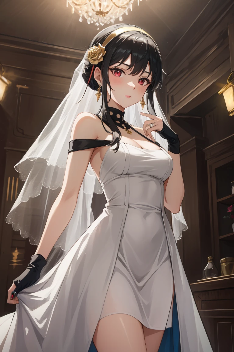 in a dark room with columns and lights behind her,
Standing, at attention,
wearing white_dress,wedding_dress,bridal_veil,bare_shoulders,elbow_gloves,
aayorf, sidelocks, gold hairband, hair ornament, red eyes, gold earring,
1 girl, 20yo,mature female,Beautiful Finger,Beautiful long legs,Beautiful body,Beautiful Nose,Beautiful character design, perfect eyes, perfect face,
looking at viewer, 
NSFW,official art,extremely detailed CG unity 8k wallpaper, perfect lighting,Colorful, Bright_Front_face_Lighting,
(masterpiece:1.0),(best_quality:1.0), ultra high res,4K,ultra-detailed,
photography, 8K, HDR, highres, absurdres:1.2, Kodak portra 400, film grain, blurry background, bokeh:1.2, lens flare, (vibrant_color:1.2) 
(Beautiful,medium_Breasts:1.4), (beautiful_face:1.5),(narrow_waist),(perfect hands, perfect ???????),