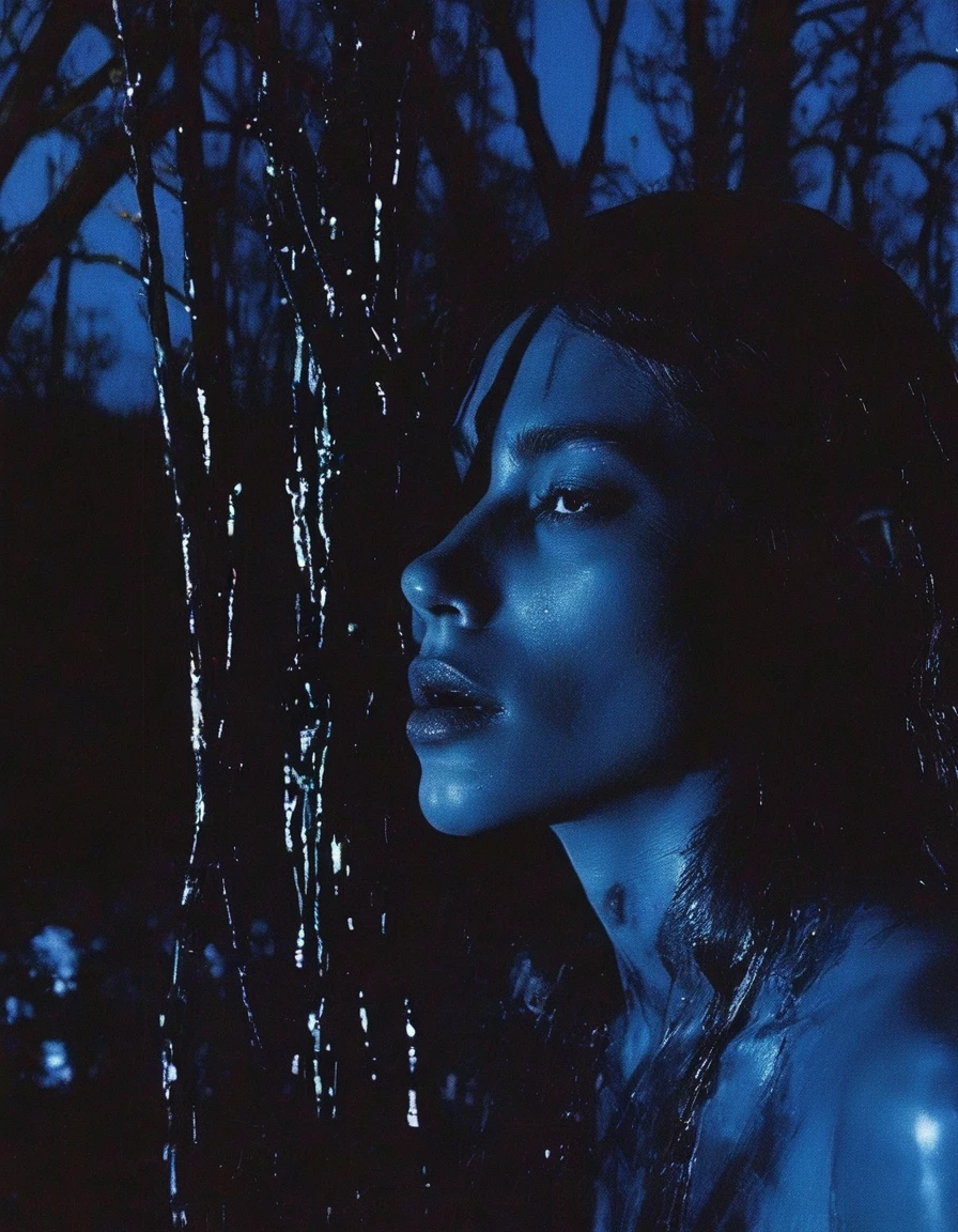 film photography, vintage, close up photo of black face in black water, blue dark forest night background