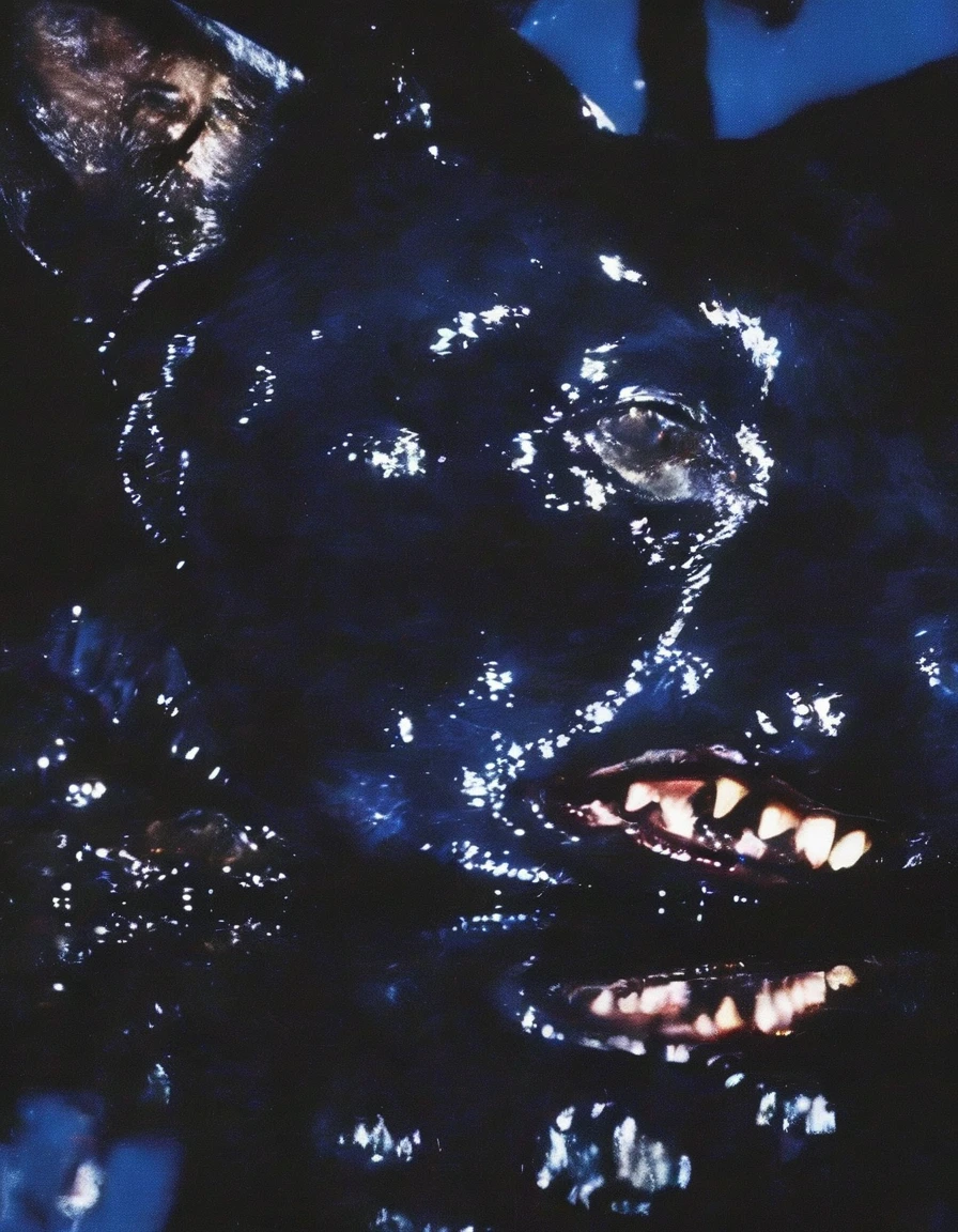 film photography, vintage, close up photo of black face in black water, blue dark forest night background