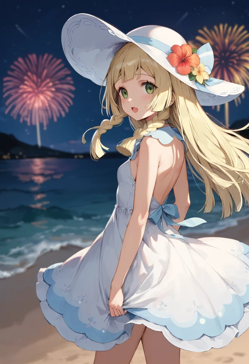 score_9,score_8_up,score_7_up,cowboy shot,((HENTAI Anime)),(details background),1girl,lillie(pokemon),open mouth,look up sky,night,sky,back view,Lots of fireworks,sea,blurry background,forcus of face,backless summer dress,(hat)