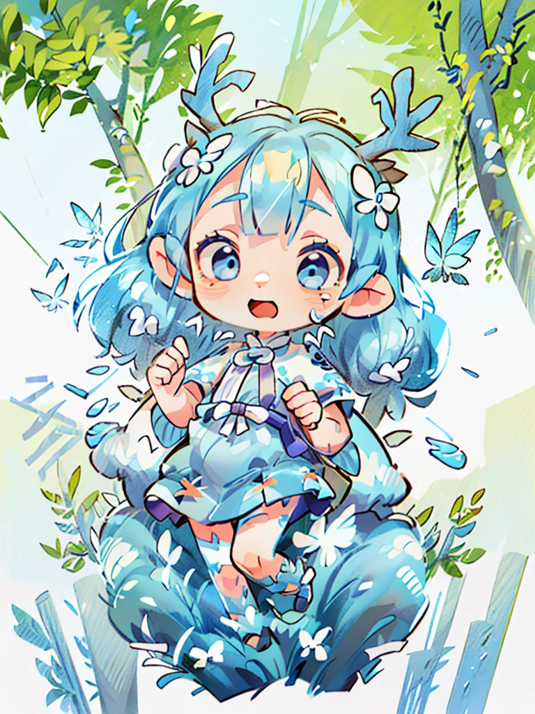 chibi, masterpiece, best quality, extremely detailed, detailed background, detailed face, 1girl, FULL-BODY, solo, pale skin, LONG blue hair which each strands were being lifted up by butterflies, deer ears, white deer horns, happy expression, white dress, blue flower, good finger, perfect face, intricate details, mystical forest theme.