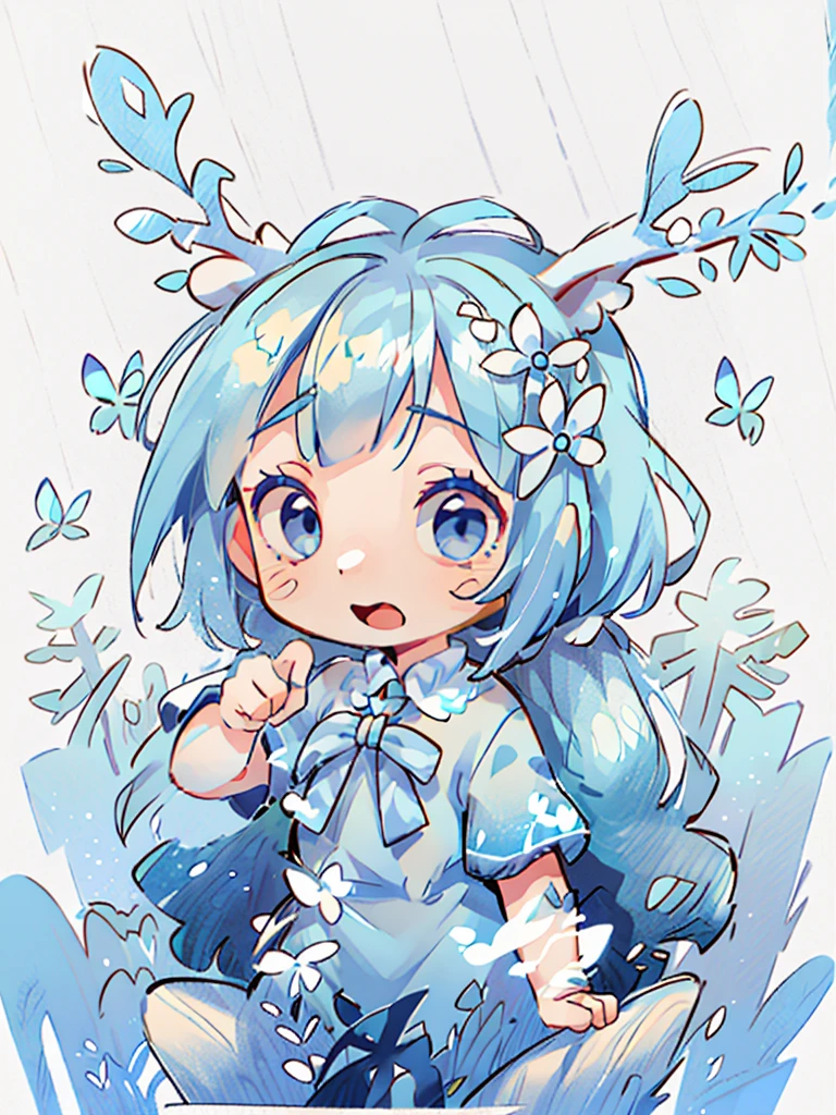 chibi, masterpiece, best quality, extremely detailed, detailed background, detailed face, 1girl, FULL-BODY, solo, pale skin, LONG blue hair which each strands were being lifted up by butterflies, deer ears, white deer horns, happy expression, white dress, blue flower, good finger, perfect face, intricate details, mystical forest theme.