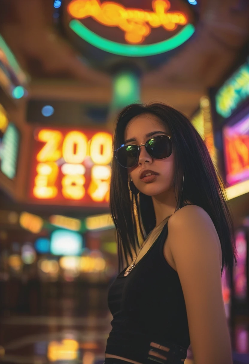 centered, 1girl, 18 yo, black hair, Las Vegas, standing, looking at the viewer, hip hop clothing, sunglasses, low-angle photo from below, shot on Afga Vita 400, natural lighting, city photograph, abandoned casino, big neon signs, heat, desert
