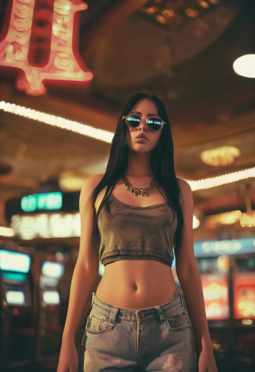 centered, 1girl, 18 yo, black hair, Las Vegas, standing, looking at the viewer, hip hop clothing, sunglasses, low-angle photo from below, shot on Afga Vita 400, natural lighting, city photograph, abandoned casino, big neon signs, heat, desert