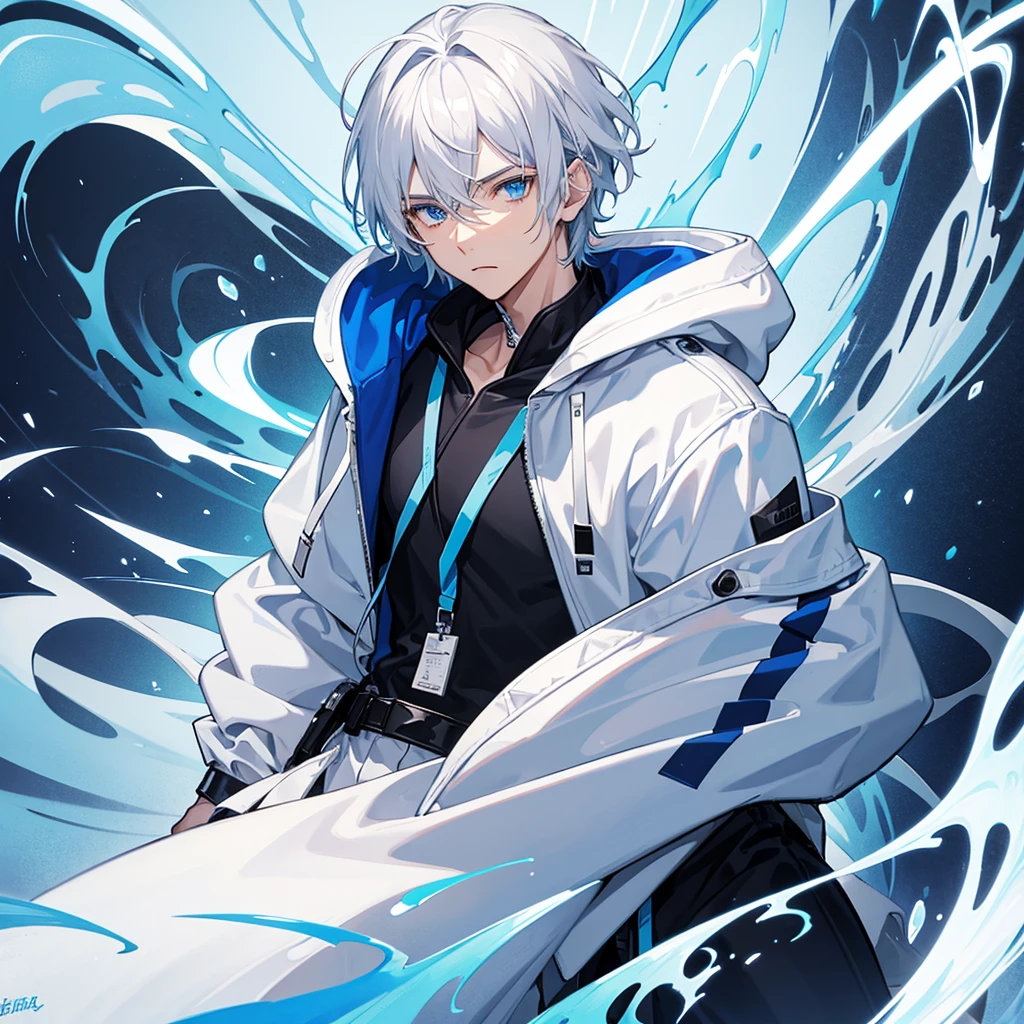 male character with white hair blue eyes wearing white hoodie with blue and black shirt