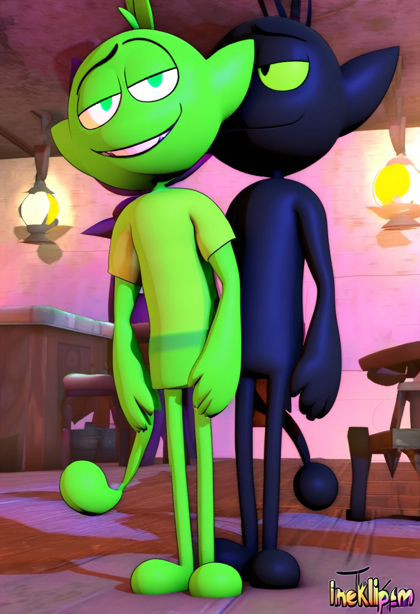 all black feline guy, cartoonish, 3d animation, green eyes, lime slitted pupils, walking around basement, Pixar animation, dim lighting, spherical head, long thin tail, thin, skinny, tall, pointy triangle ears, 3d shapes body, green sweater, extremely pitch black fur, seven feet tall, wolf-like, fluff fur. ((((by inkplasm, by thekilinah:1.12)))