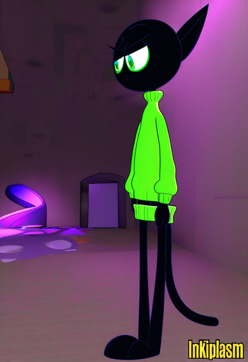 all black feline guy, cartoonish, 3d animation, green eyes, lime slitted pupils, walking around basement, Pixar animation, dim lighting, spherical head, long thin tail, thin, skinny, tall, pointy triangle ears, 3d shapes body, green sweater, extremely pitch black fur, seven feet tall, wolf-like, fluff fur.     ((((by inkplasm, by thekilinah:1.12)))                                                         