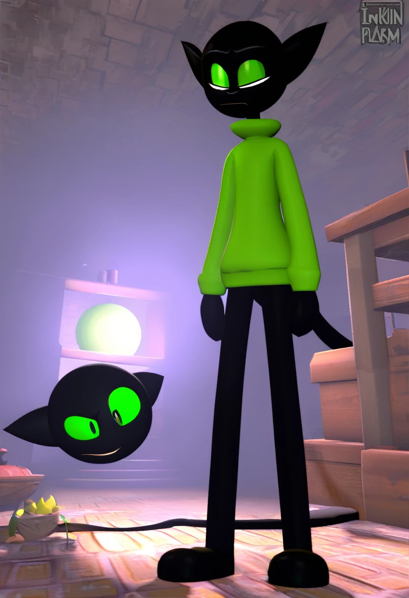 all black feline guy, cartoonish, 3d animation, green eyes, lime slitted pupils, walking around basement, Pixar animation, dim lighting, spherical head, long thin tail, thin, skinny, tall, pointy triangle ears, 3d shapes body, green sweater, extremely pitch black fur, seven feet tall, wolf-like, fluff fur. ((((by inkplasm, by thekilinah:1.12)))