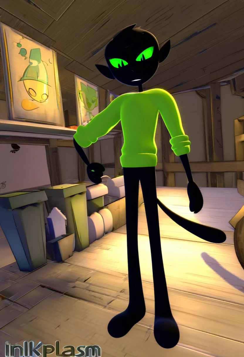 all black feline guy, cartoonish, 3d animation, green eyes, lime slitted pupils, walking around basement, Pixar animation, dim lighting, spherical head, long thin tail, thin, skinny, tall, pointy triangle ears, 3d shapes body, green sweater, extremely pitch black fur, seven feet tall, wolf-like, fluff fur.     ((((by inkplasm, by thekilinah:1.12)))                                                         