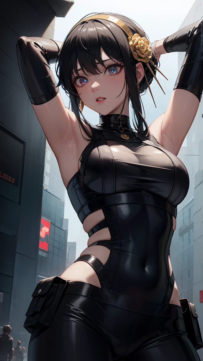 aayorf, sidelocks, gold hairband, hair ornament, red eyes, gold earring, 
BREAK ((Official Outfit:1.5)),
BREAK Cyberpunk_CityView, Before Window, standing at attention,armpits,arm up,
BREAK (masterpiece:1.2), best quality, high resolution, unity 8k wallpaper, (illustration:0.8), (beautiful detailed eyes:1.6), extremely detailed face, perfect lighting, extremely detailed CG, (perfect hands, perfect anatomy),