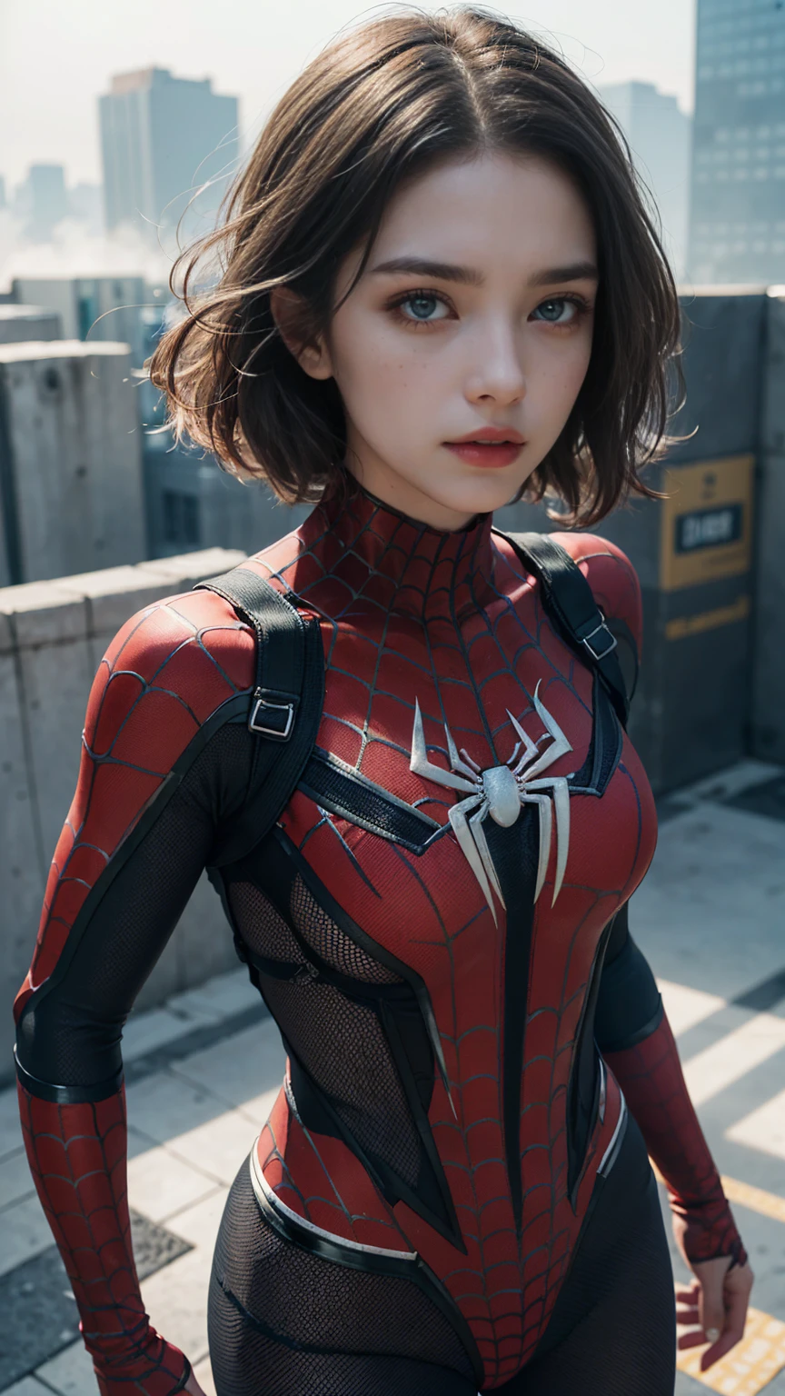 (1girl:1.3),Solo,(((Very detailed face)))),((Very detailed eyes and face)))),Beautiful detail eyes,Body parts__,Official art,Unified 8k wallpaper,Super detailed,beautiful and beautiful,beautiful,masterpiece,best quality,original,masterpiece,super fine photo,best quality,super high resolution,realistic realism,sunlight,full body portrait,amazing beauty,dynamic pose,delicate face,vibrant eyes,(from the front),She wears Spider-Man suit,red and black color scheme,spider,very detailed city roof background,rooftop,overlooking the city,detailed face,detailed complex busy background,messy,gorgeous,milky white,highly detailed skin,realistic skin details,visible pores,clear focus,volumetric fog,8k uhd,DSLR,high quality,film grain,fair skin,photo realism,lomography,futuristic dystopian megalopolis,translucent,warm tone,film grain,fashion model,(photograph background board),(8k, best quality, masterpiece, absurd, very detailed:1.2),