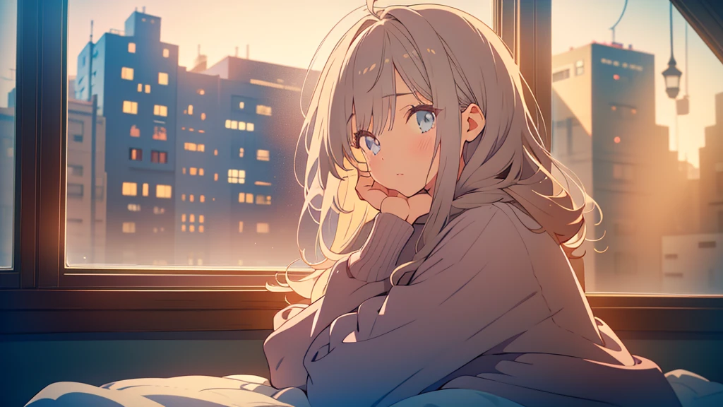 A lofi anime girl sitting in a cozy bedroom, detailed face, beautiful eyes and lips, long eyelashes, messy hair, wearing a oversized sweater, looking out of a window, soft lighting, pastel color palette, cinematic composition, muted tones, photorealistic, 8k, high quality, masterpiece