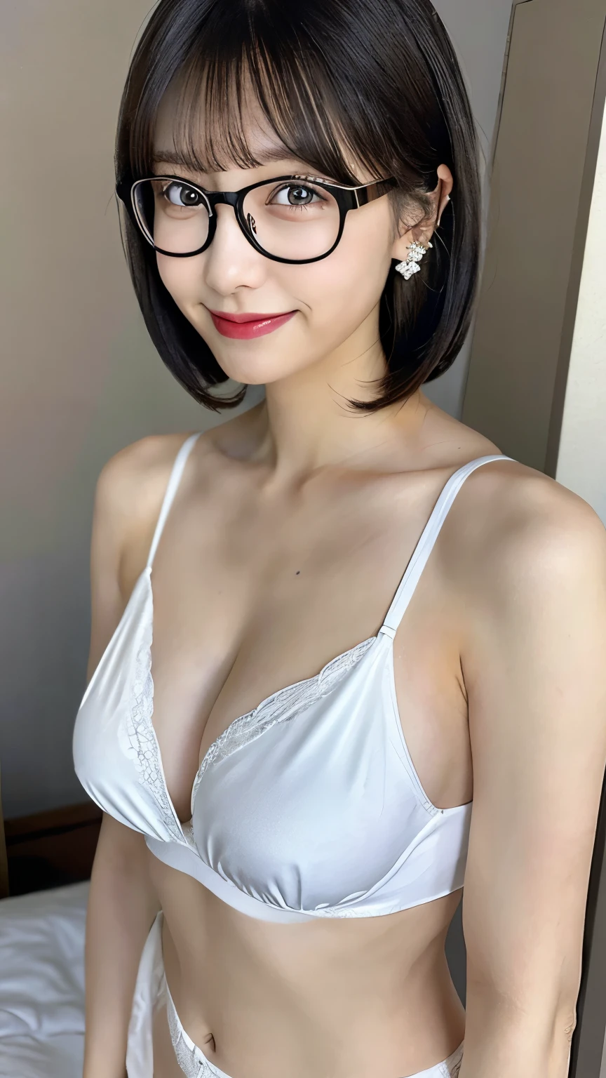 Nikon RAW Photos、8 K、Fujifilm XT3、masterpiece、Highest quality、Real、Photorealistic、Super detailed、1girl、solo、Close-up portrait、Diamond Stud Earrings、Bob black hair、Hazel Eyes、smile、Panties、naked、belly button、Standing in the bedroom、saika1、Medium breast、White bra、Cleavage、sexy、Mature Woman、With glasses、whole body