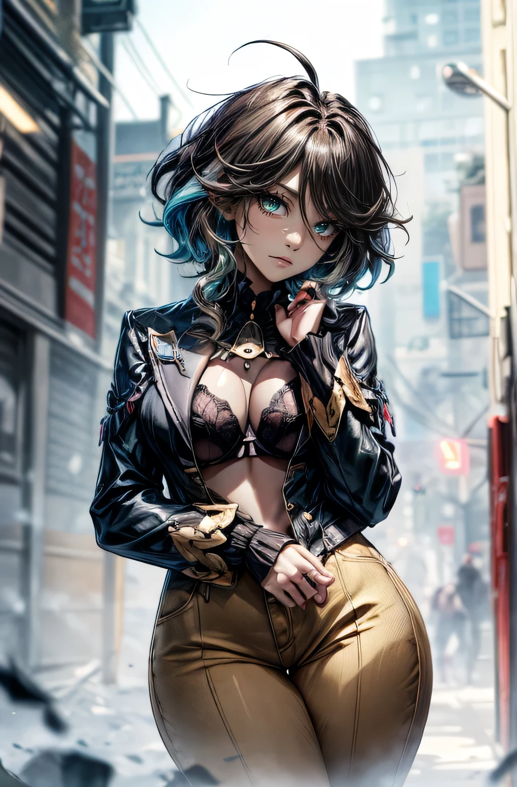 (best quality:1.5, highres, UHD, 4K, detailed lighting, shaders), best quality eyes, perfect hands, perfect finger brown floral haired, gradient hair, big breasts, brown bra, big thighs, big butt, brown jacket , brown long pants, mature woman , (pov), black background, colorful eyeshadow, dramatic lighting, sparkling eyes, sensual expression, golden earrings, flowing hair, delicate facial features, dark skin, high cheekbones, urban setting, black background, dont look for the camera, lean forward, behind the camera