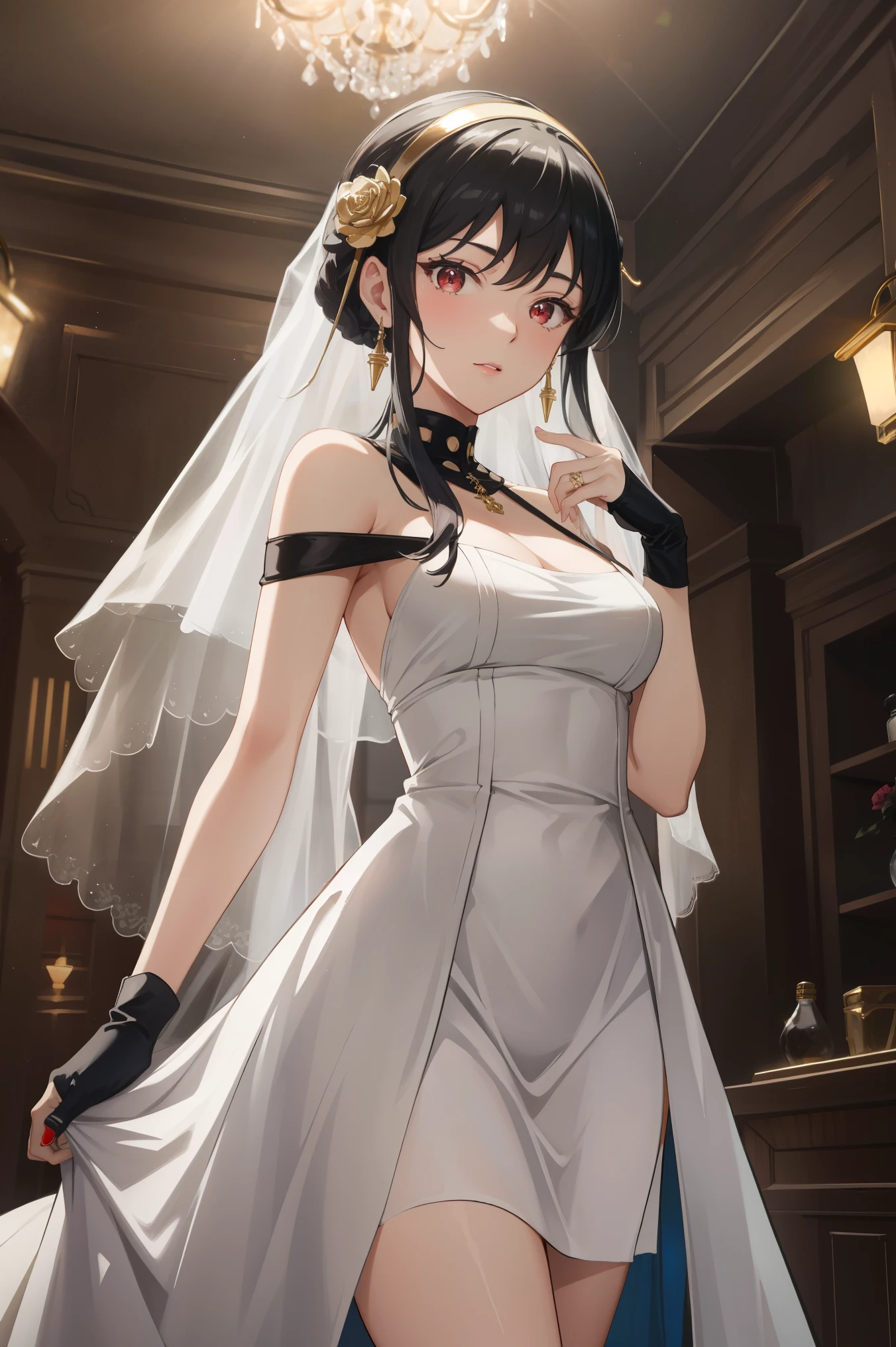 in a dark room with columns and lights behind her,
Standing, at attention,
wearing white_dress,wedding_dress,bridal_veil,bare_shoulders,elbow_gloves,
aayorf, sidelocks, gold hairband, hair ornament, red eyes, gold earring,
1 girl, 20yo,mature female,Beautiful Finger,Beautiful long legs,Beautiful body,Beautiful Nose,Beautiful character design, perfect eyes, perfect face,
looking at viewer,
NSFW,official art,extremely detailed CG unity 8k wallpaper, perfect lighting,Colorful, Bright_Front_face_Lighting,
(masterpiece:1.0),(best_quality:1.0), ultra high res,4K,ultra-detailed,
photography, 8K, HDR, highres, absurdres:1.2, Kodak portra 400, film grain, blurry background, bokeh:1.2, lens flare, (vibrant_color:1.2)
(Beautiful,medium_Breasts:1.4), (beautiful_face:1.5),(narrow_waist),(perfect hands, perfect anatomy),
