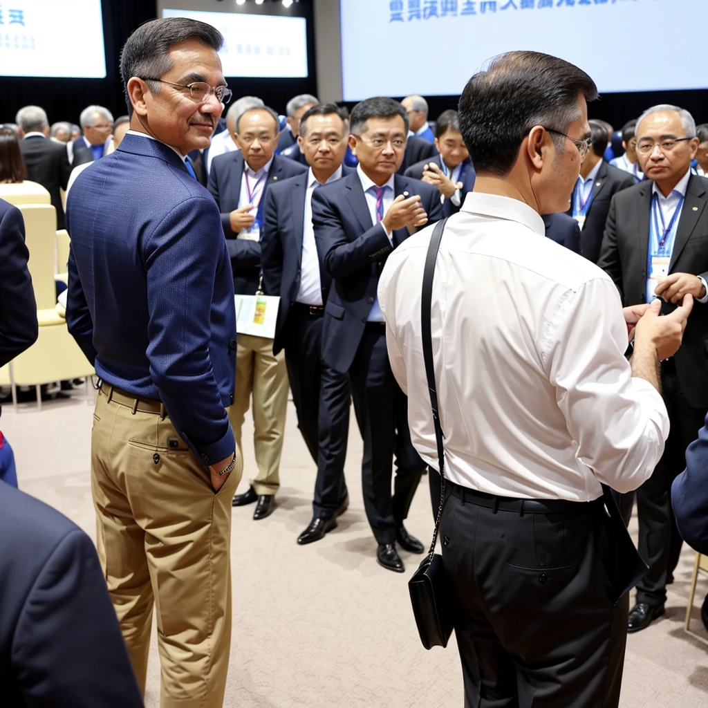 Back photo, There is only one middle-aged man in the photo with his back to the camera,He wears fashionable and young clothes,at the International Exhibition Conference Hall, speak confidently,There are many audience members in the audience