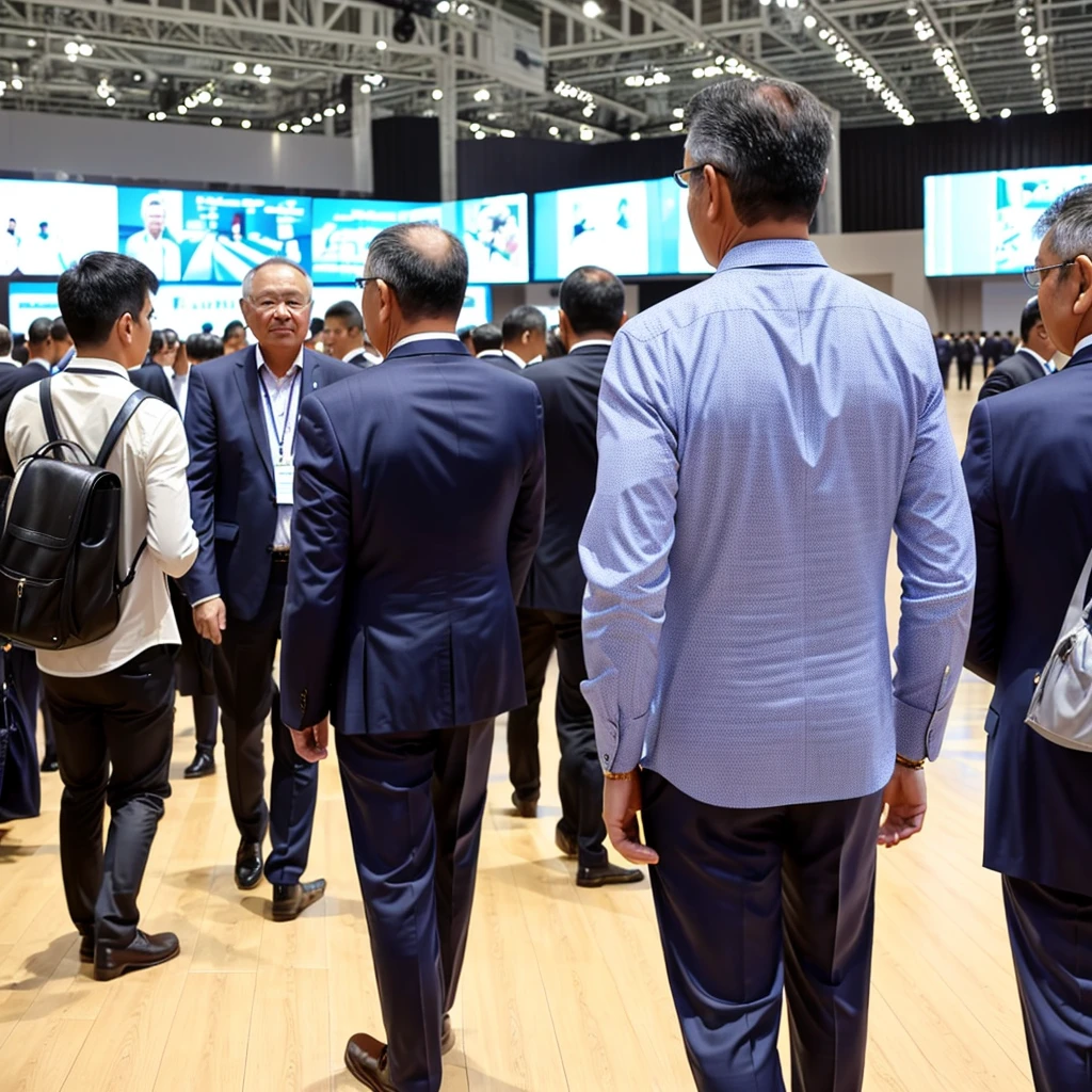 Back photo, There is only one middle-aged man in the photo with his back to the camera,He wears fashionable and young clothes,at the International Exhibition Conference Hall, speak confidently,There are many audience members in the audience