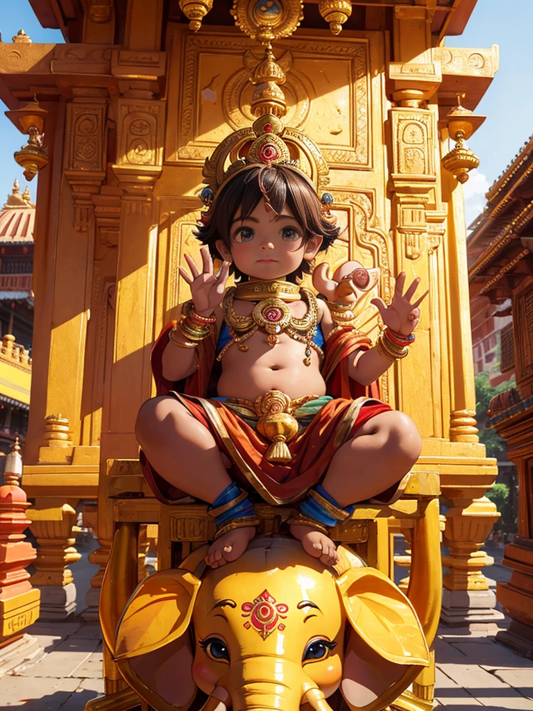 Cute ganesha elephant  boy, pop mart, golden armor, big eyes, character front view, waving moves, brown color palette, temple, india, chennai, surrounded by colorful flowers, on warm old temple background, sun, rich details, pixar, 3d,  