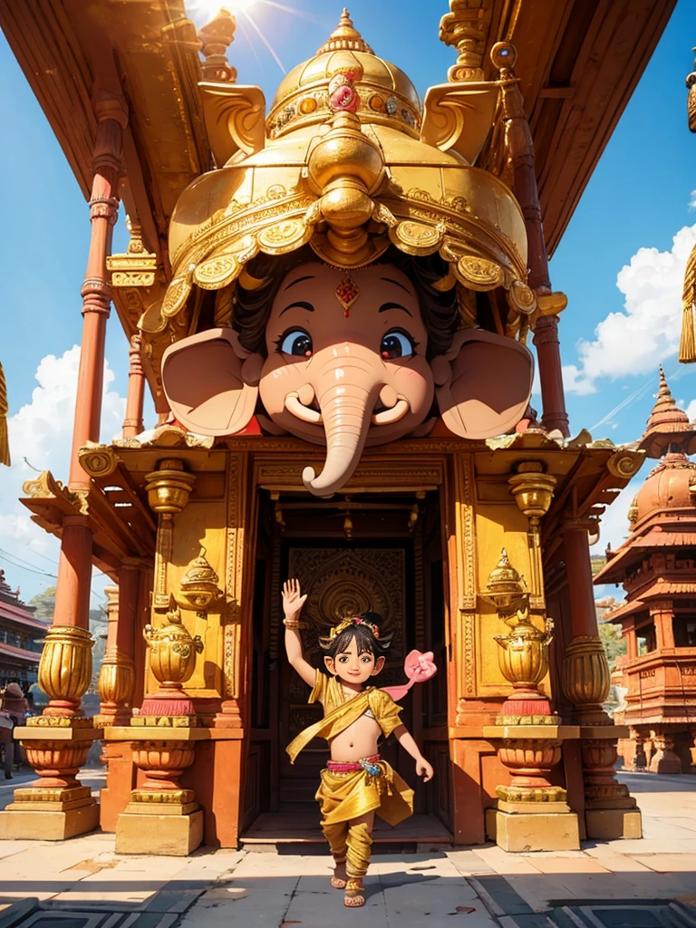 Cute ganesha elephant little boy, pop mart, golden armor, big eyes, character front view, waving moves, brown color palette, temple, india, chennai, surrounded by colorful flowers, on warm old temple background, sun, rich details, pixar, 3d,