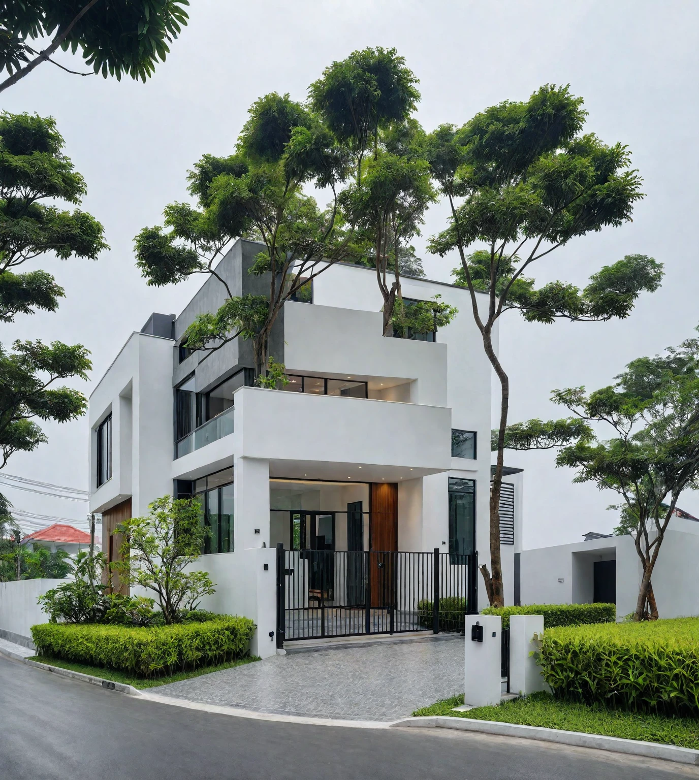 RAW photo, a photo of a modern villa, sidewalk, sidewalk trees, steel gate, road, viet nam modern residence, a car parked in front of it, rough white wall, new residential area, wide angle exterior 2022, contemporary house, exterior photography, masterpiece, contemporary architecture, overcast, indirect lighting