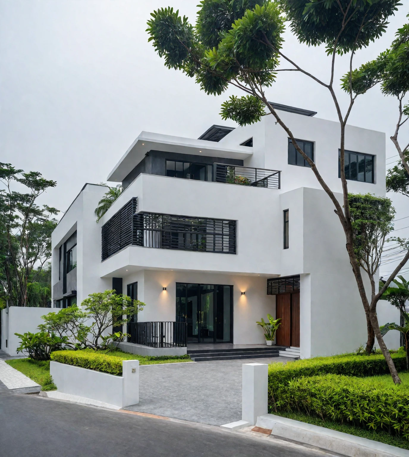 RAW photo, a photo of a modern villa, sidewalk, sidewalk trees, steel gate, road, viet nam modern residence, a car parked in front of it, rough white wall, new residential area, wide angle exterior 2022, contemporary house, exterior photography, masterpiece, contemporary architecture, overcast, indirect lighting