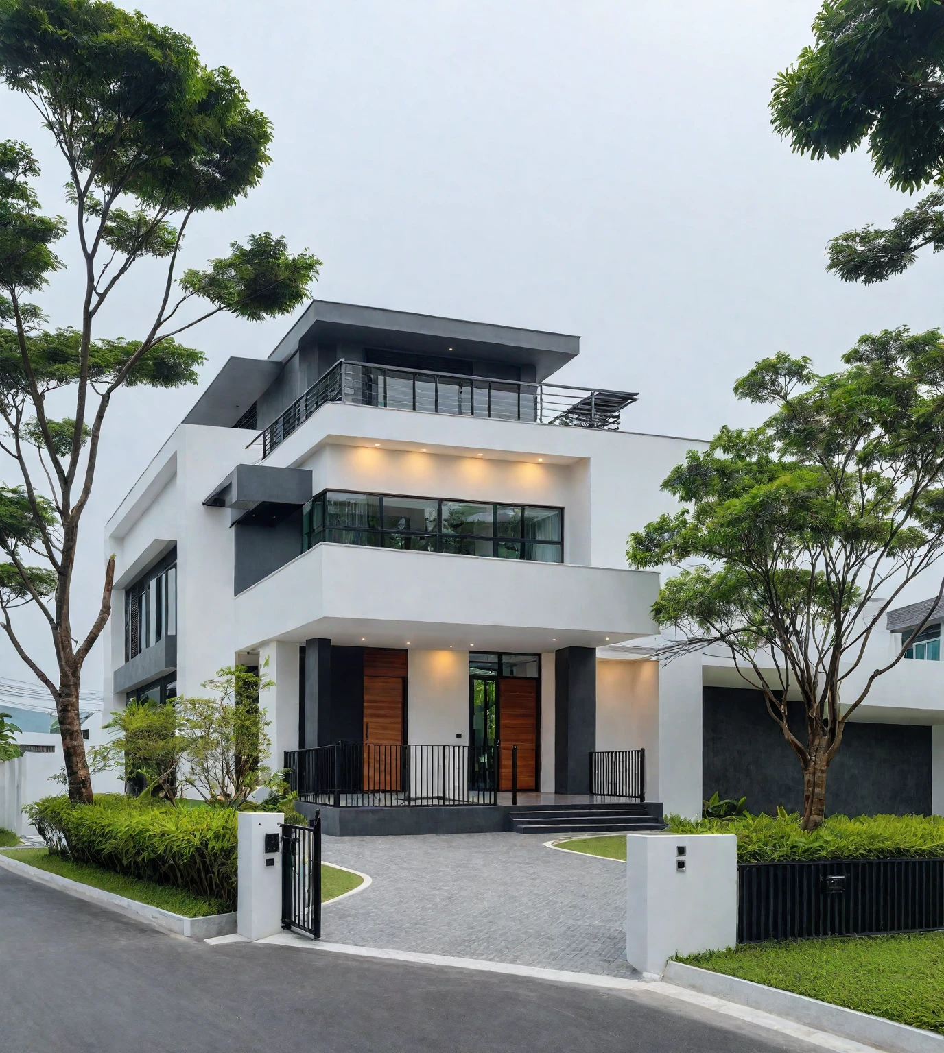 RAW photo, a photo of a modern villa, sidewalk, sidewalk trees, steel gate, road, viet nam modern residence, a car parked in front of it, rough white wall, new residential area, wide angle exterior 2022, contemporary house, exterior photography, masterpiece, contemporary architecture, overcast, indirect lighting
