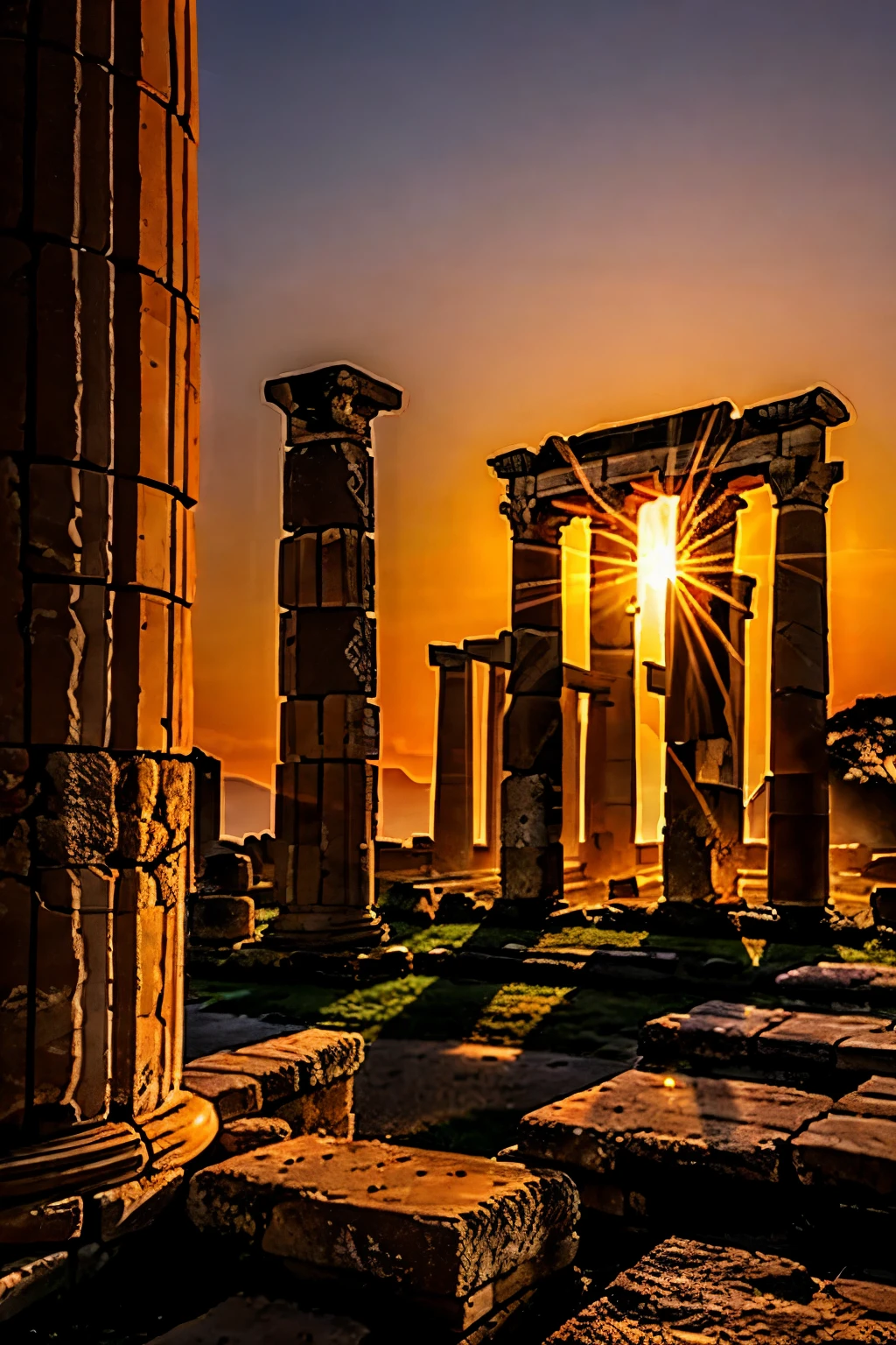 Generate photos of sunsets casting a warm glow on the ancient ruins of