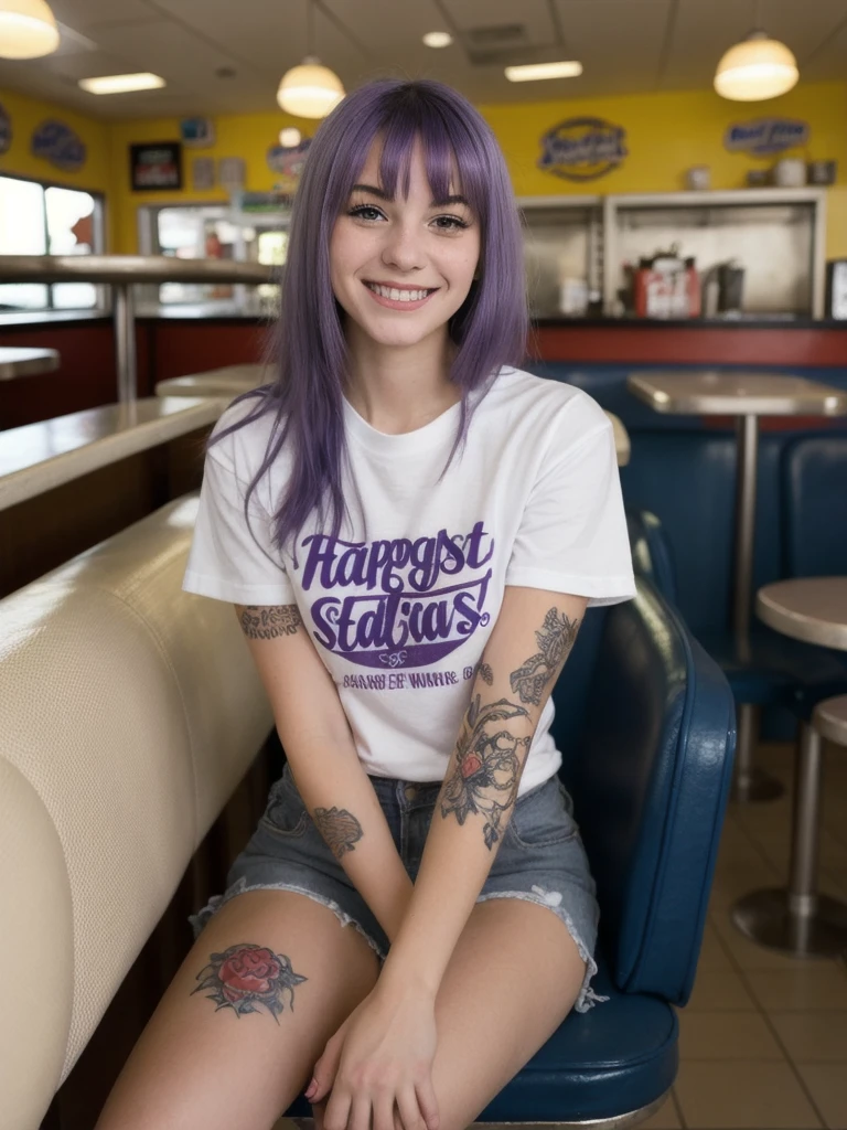 street photography photo of a young woman with purple hair, smile, happy, cute t-shirt, tattoos on her arms, sitting in a 50s diner
