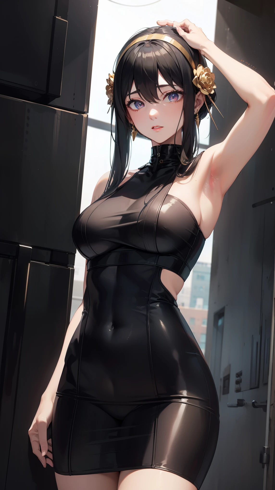aayorf, sidelocks, gold hairband, hair ornament, red eyes, gold earring,
BREAK ((Official Outfit:1.5)),
BREAK Cyberpunk_CityView, Before Window, standing at attention,armpits,arm up,
BREAK (masterpiece:1.2), best quality, high resolution, unity 8k wallpaper, (illustration:0.8), (beautiful detailed eyes:1.6), extremely detailed face, perfect lighting, extremely detailed CG, (perfect hands, perfect anatomy),