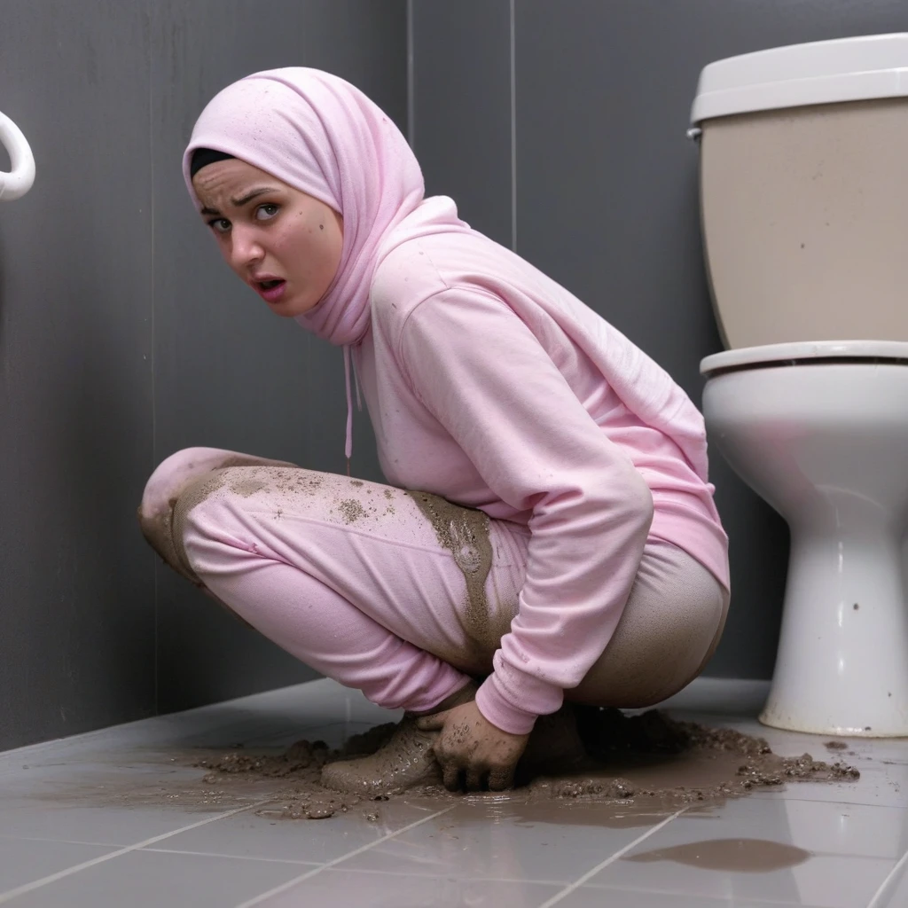 Ultra-realistic, 4k, 1girl, hot cute face, pretty face, cute eyes, fat body, wearing pink hijab, pink adidas sweatpants, tight long sleeve sports white tshirt, white sneakers, nervous facial expressions, very sweaty, both hands on ass, in dirty dark public toilet, near the toilet, dirty toilet walls, dirty toilet floor, dirty toilet, dirty clothes, sweaty clothes, (((make the whole image filthy and dirty))), (((mud on the floor and mud overflowing from toilet bowl))), stinky atmosphere, filthy atmosphere, mud everywhere, mud on face, mud on pants, disgusting toilet,