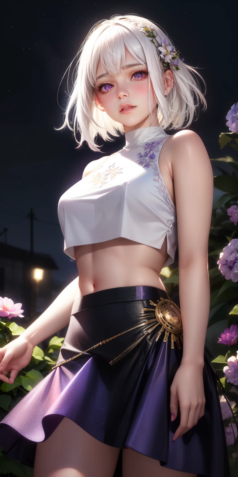 realistic, 1girl, white hair, purple eyes, glowing eyes, crop top, skirt, parted lips, blush, night, flowers, sun, sunlight,