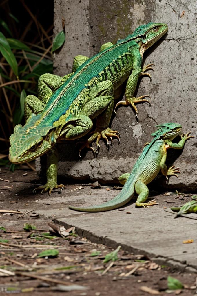 The falling lizard was caught by another lizard
