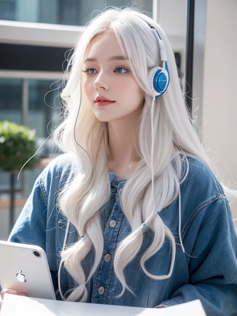 Woman, White long, curly hair，Natural hair. white hair.  Blue eyes. student. university. happy. Earphones. music. 