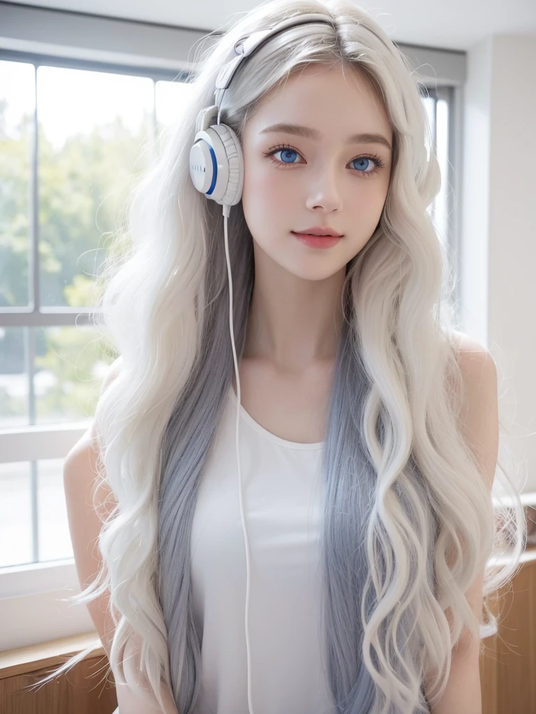 Woman, White long, curly hair,Natural hair. white hair. Blue eyes. student. university. happy. Earphones. music.