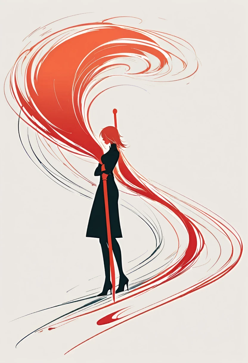 Girl with a sword,Simple lines,Minimalism,Abstract Art,Holding a red long sword,