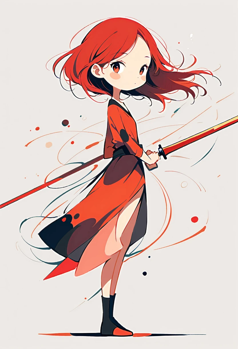 Girl with a sword,Simple lines,Minimalism,Abstract Art,Holding a red long sword,