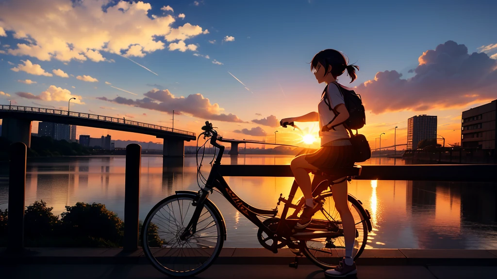 Anime girl riding a bicycle on a bridge watching the sunset, Bridge over the canal, Girl in casual clothes, silhouette, Orange sunset sky, Makoto Shinkai style, Makoto Shinkai style, 2D