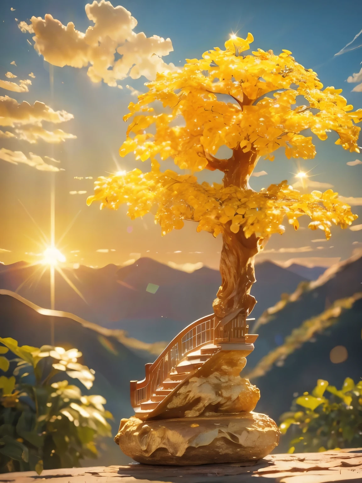 (masterpiece, best quality:1.2), Money tree on the mountain top，Sunshine on the Money Tree（ （（Sunset））），Light warm color（ （（充满阳光元素的masterpiece）））（（best quality））， （（Intricate details））（8K）